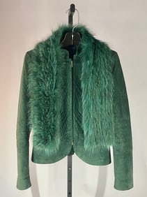 Gucci Green Quilted Suede Leather Jacket with Matching Fur Scarf