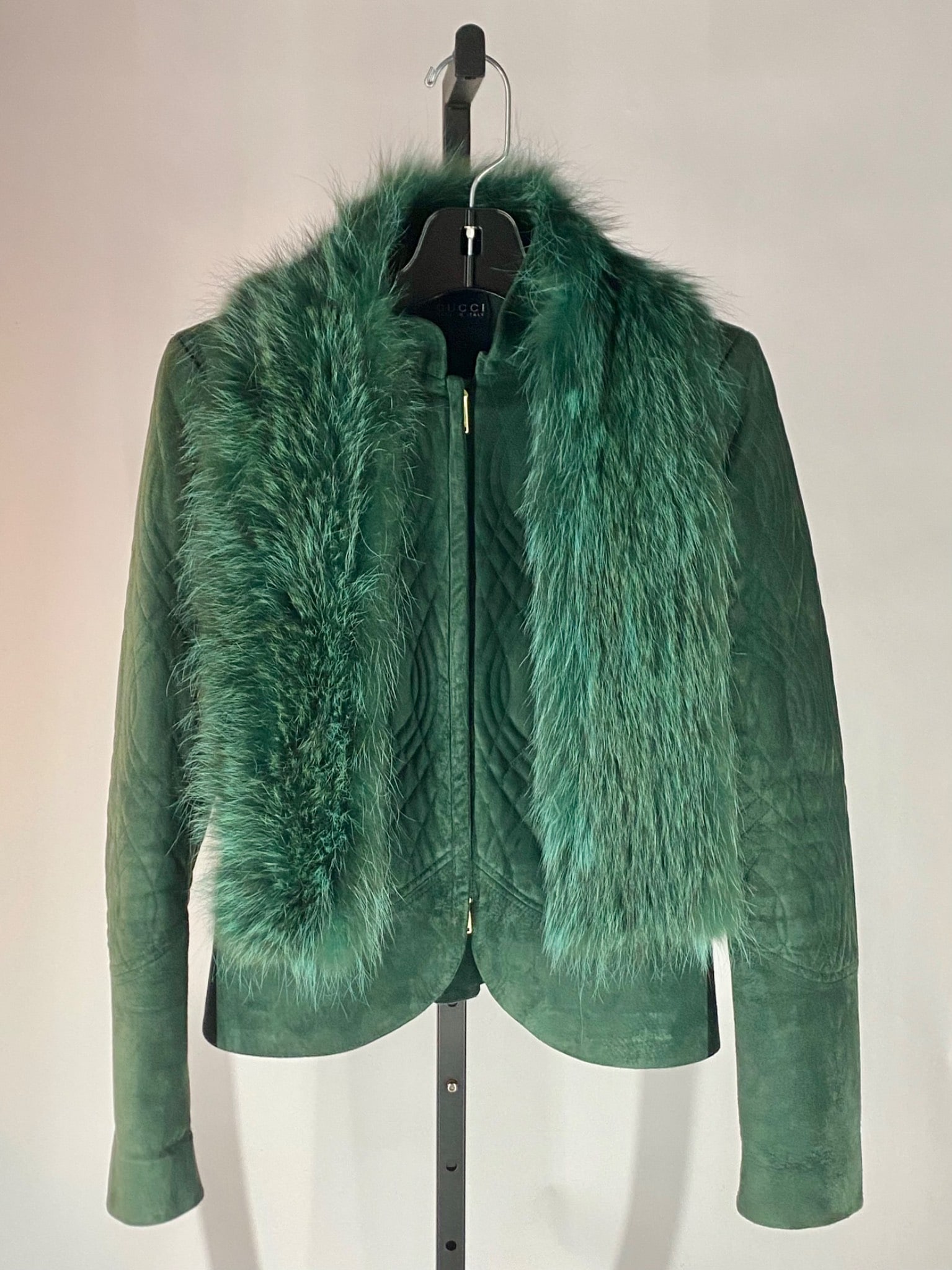 Gucci Green Quilted Suede Leather Jacket with Matching Fur Scarf (1 of 12)