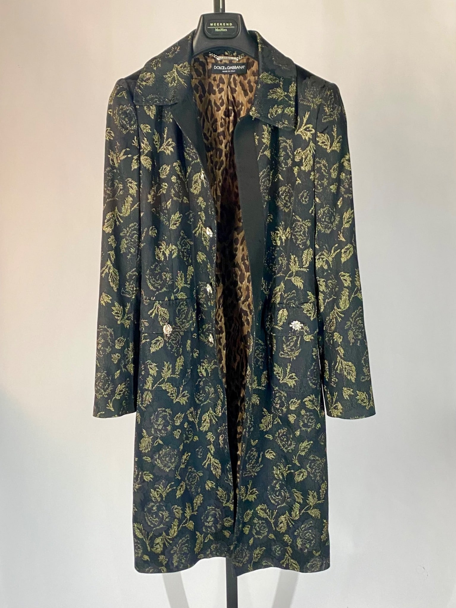 Dolce & Gabbana Metallic Floral Brocade Coat with Leopard-Print Lining, Size 40 (1 of 12)