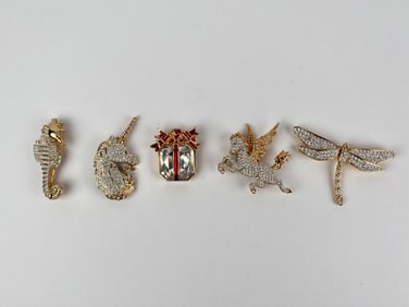 Set of Five Swarovski Pave Brooches with Velvet Pouches