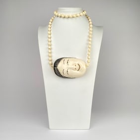 Carved Bone Mask Pendant Necklace with Beaded Strand