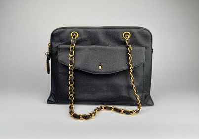 Vintage Chanel Black Caviar Leather Bag with Chain Strap