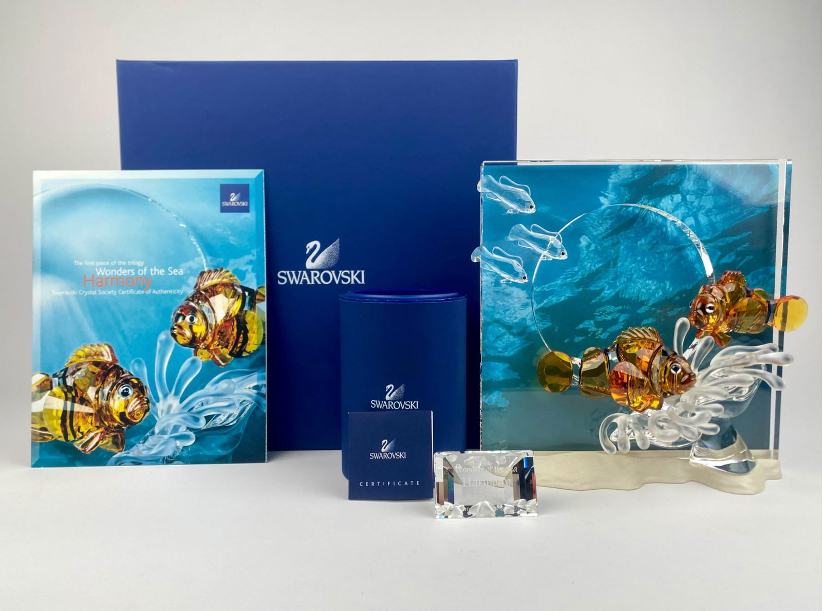 Swarovski SCS Wonders of the Sea ‘Harmony’ Crystal Display with Box & Certificate: Swarovski Crystal Society (SCS) 2005 "Wonders of The Sea: Harmony" display designed by Heinz Tabertshofer. The composition features two faceted topaz-tone clownfish with black crystal eyes swimming am