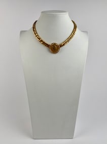 Signed Miriam Haskell Gold-Tone Chain Necklace with Austrian Coin Medallion