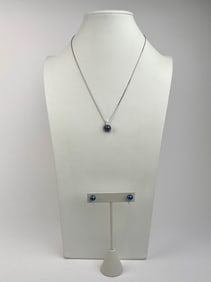 14K White Gold Blue Pearl & Diamond Pendant Necklace and Earrings Set