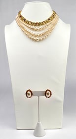 Faux Pearl Necklace and Earring Set with Austrian Hallmark