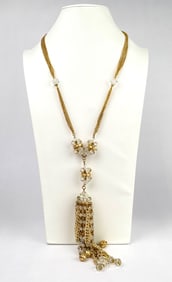 Vintage Gold Tone Tassel Necklace with Crystal Beads