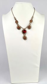Vintage Czech Style Silver Tone Filigree Necklace with Red Stones