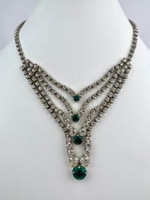 Mid Century Emerald and Clear Rhinestone Bib Necklace