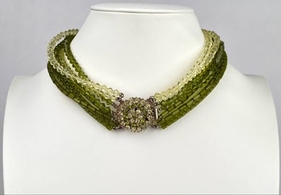 Mid Century Multi Strand Green and Clear Beaded Necklace