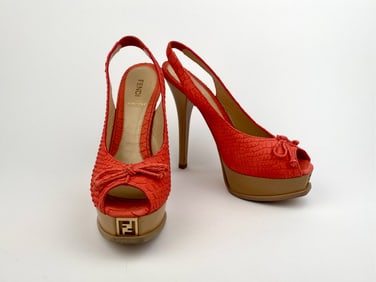 Fendi Coral Python Embossed Leather Slingback Platform Heels, Size 39