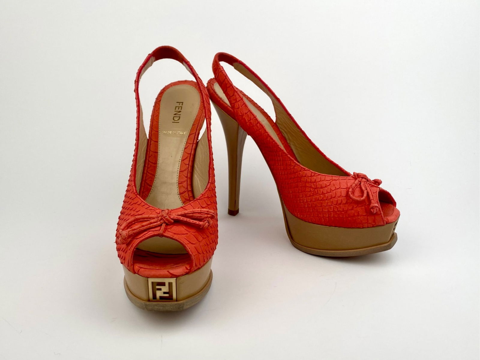 Fendi Coral Python Embossed Leather Slingback Platform Heels, Size 39 (1 of 12)