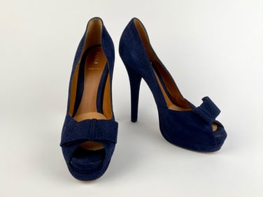 Fendi Navy Textured Suede Peep-Toe Platform Pumps with Bow, Size 40