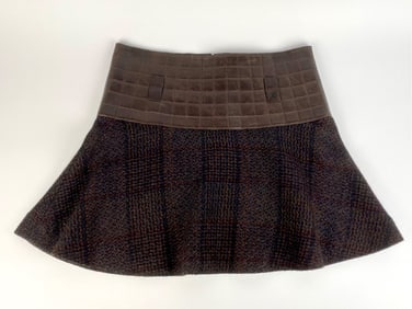 Chanel Brown Calfskin Quilted Waist Wool Tweed Mini Skirt, Size 38