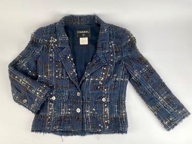 Chanel Metallic Tweed Cropped Jacket with Frayed Edges, Size 38