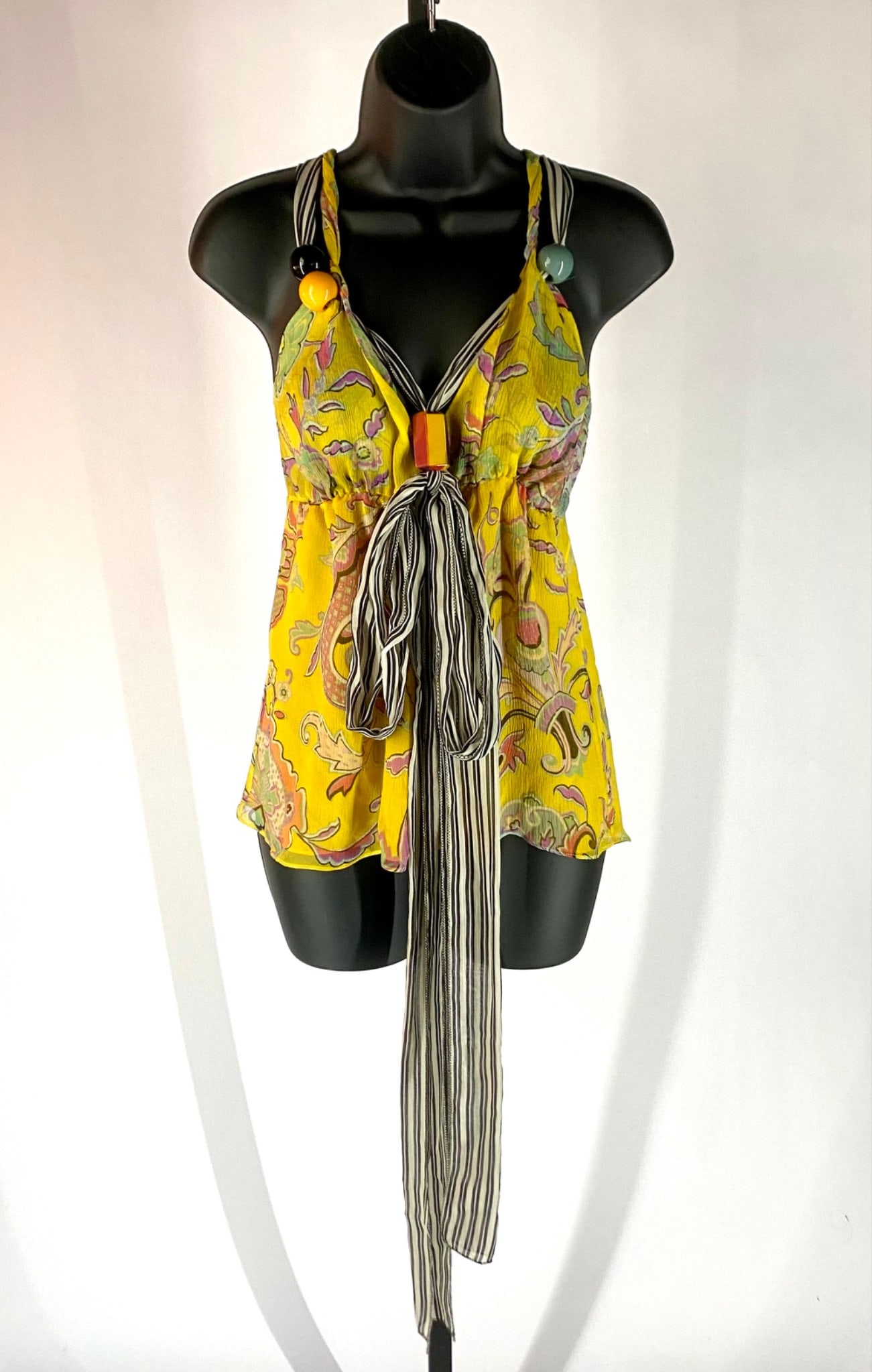Etro Silk Paisely Sleeveless Top with Oversized Resin Beads and Striped Tie, Size 42 (1 of 10)