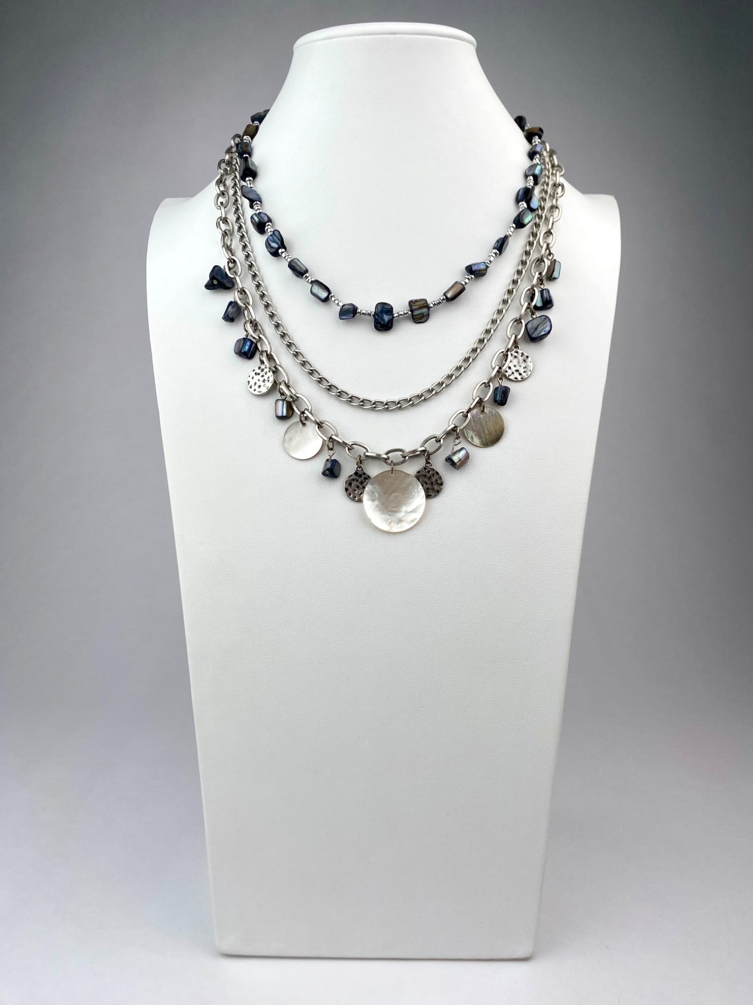 Layered Silver-Tone Necklace with Shell and Iridescent Charms (1 of 9)