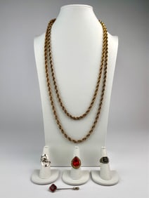 Vintage Accessocraft Rope Chain Necklace with Rings and Stick Pin