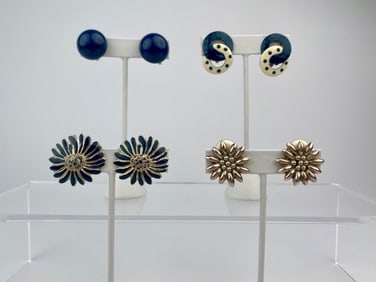 Four Pairs of Clip-On Earrings with Enamel and Sterling Silver