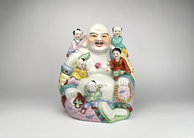 Large Chinese Porcelain Laughing Buddha Figurine with Children, Famille Rose Palette