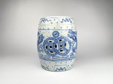 Chinese Blue & White Porcelain Garden Stool with Dragon & Coin Motif