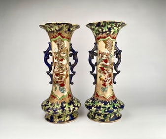 Pair of Large Japanese Satsuma Style Moriage Vases with Samuri and Floral Motifs