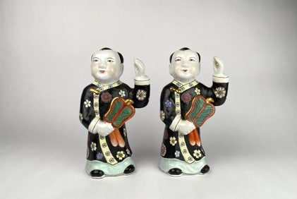 Pair of Chinese Enameled Porcelain Boy Figures