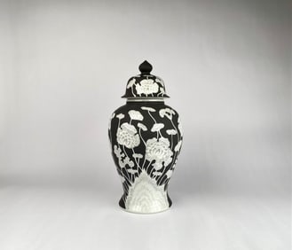 Andrea by Sadek Black and White Lotus Porcelain Lidded Vase