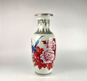 Large Chinese Porcelain Vase with Peonies, Birds, and Calligraphy