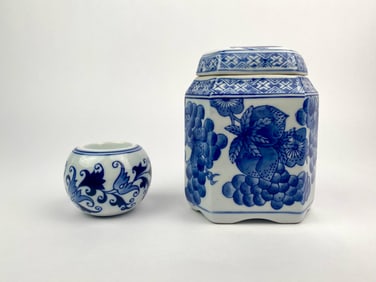 Chinese Blue and White Porcelain Lidded Jar and Candle Holder