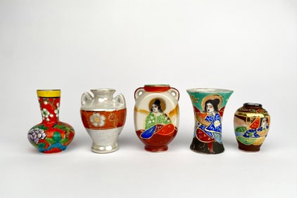 Set of Five Hand-Painted Japanese Miniature Vases