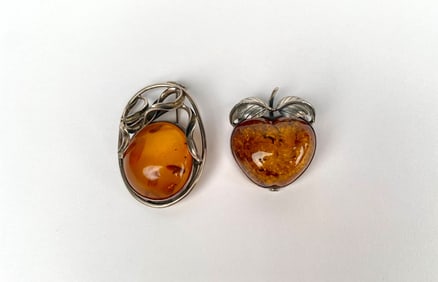 Pair of Sterling Silver & Amber Brooches