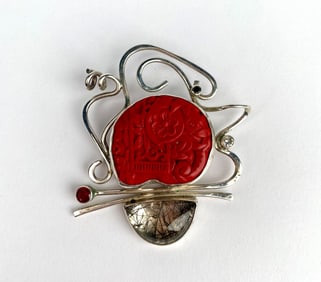 Signed Sterling Silver Modernist Brooch with Cinnabar & Stone Accents