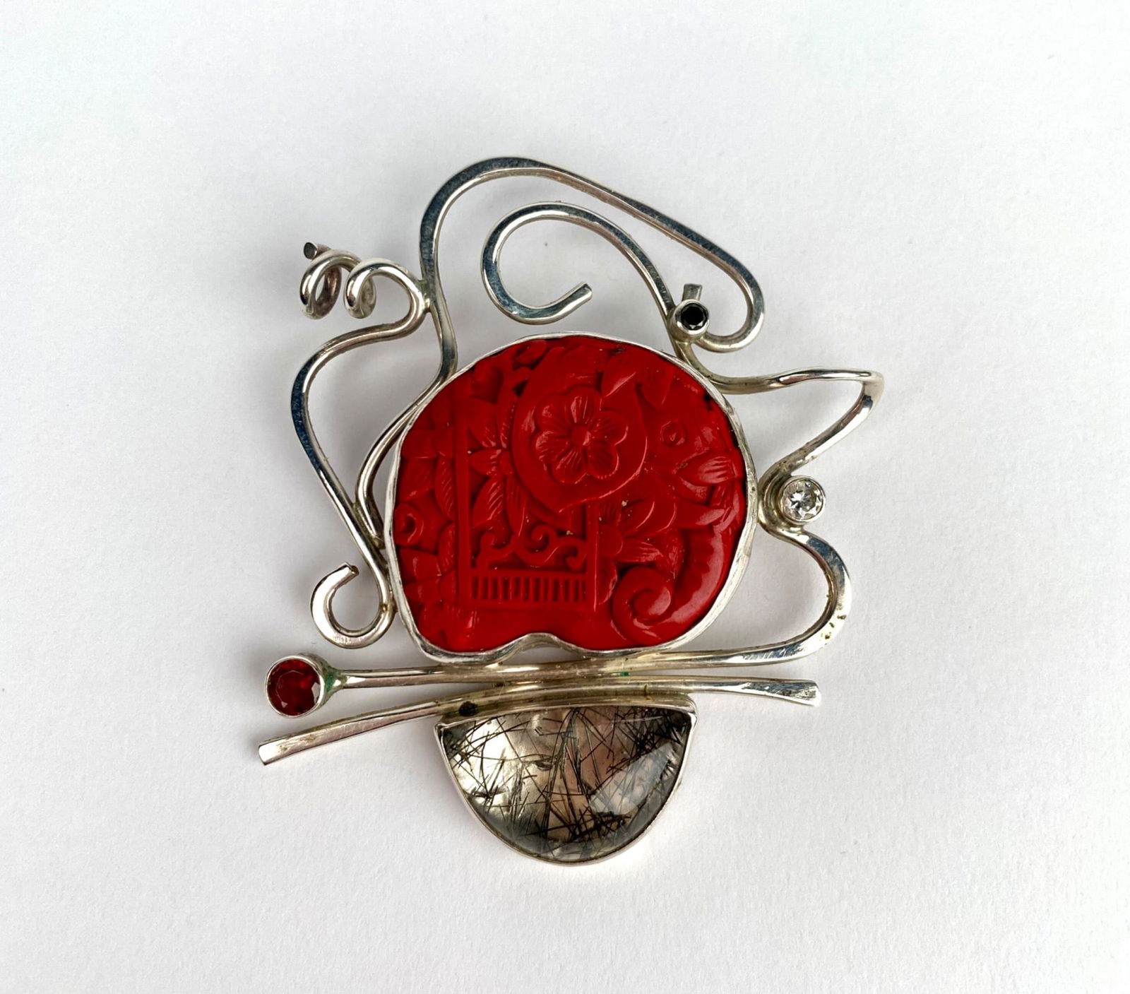 Signed Sterling Silver Modernist Brooch with Cinnabar & Stone Accents (1 of 4)