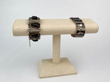 Pair of Vintage Sterling Silver Bracelets (Mexican Aztec Mask & Siam Niello Panels)