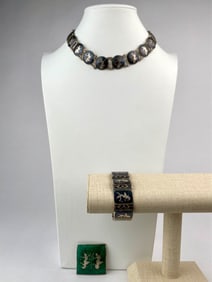 Mid-Century Siam Sterling Silver Niello Enamel Jewelry Set