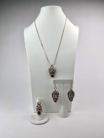 Sterling Silver Dragon Head Jewelry Set with Onyx Cabochons