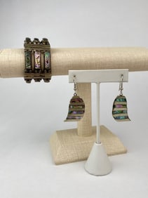 Mexican Sterling Silver and Abalone Bracelet and Earring Set