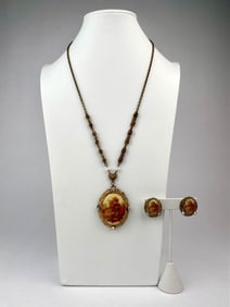 Vintage Fragonard-Style Transfer Scene Necklace and Earring Set