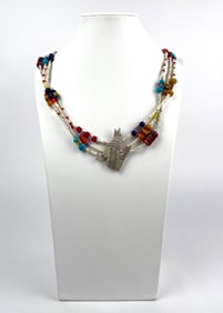 Southwestern Multi-Strand Necklace with Sterling Coyote Pendant, Signed “TS