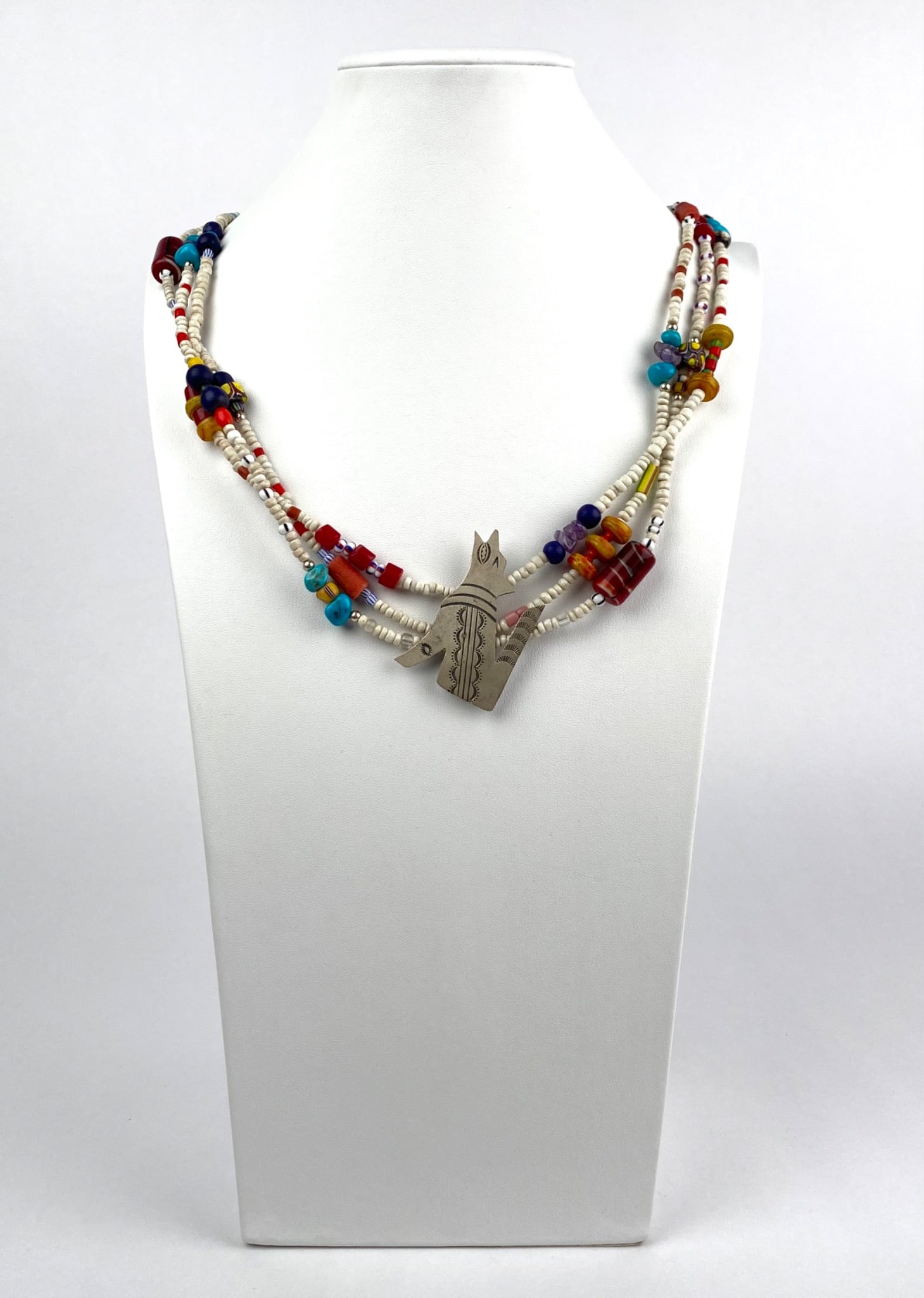 Southwestern Multi-Strand Necklace with Sterling Coyote Pendant, Signed “TS (1 of 10)