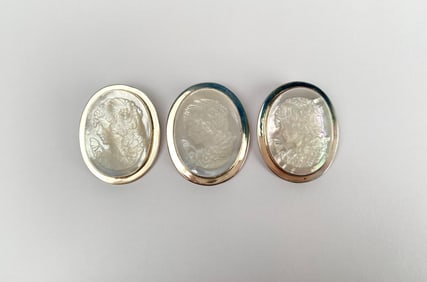 Set of Three Mexican Sterling Silver & Mother of Pearl Cameo Brooches/Pendants