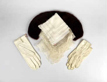 Vintage Fashion Accessories Including Mink Collar, Lace Handkerchiefs, and Gloves