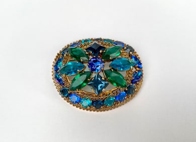 Vintage Austrian Blue & Green Rhinestone Brooch with Gold-Tone Setting