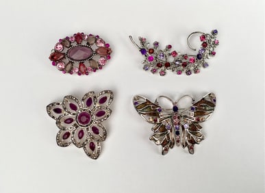 Set of Four Silver-Tone Monet Rhinestone Brooches