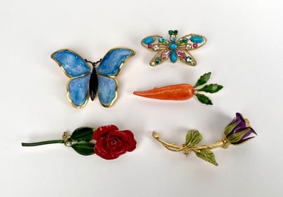 Set of Five Vintage Enameled Brooches Including Regency & Original by Robert