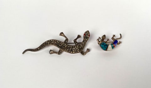 Sterling Silver and Multicolor Stone Lizard Brooches