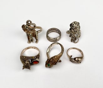 Lot of Six Sterling Silver Animal Themed Rings