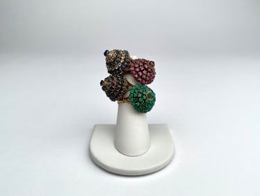 Set of Four 14K Gold Domed Cocktail Rings with Multi-Colored Stones