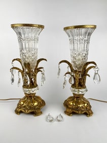 Pair of Vintage Crystal and Gilt Metal Manel Lamps with Prisms